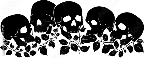 Skulls and roses silhouette border design for gothic art and halloween decor