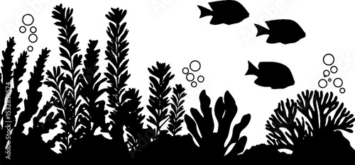 Underwater adventure with snorkelling fins, coral reef, and tropical fish silhouettes