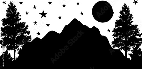 Starry night mountain silhouette with moon and tree border for design inspirations