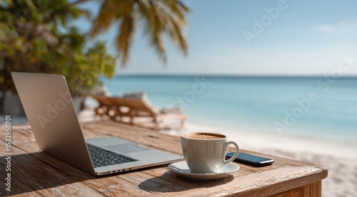 Laptop, coffee and smartphone on a wooden table on a tropical beach, representing the concept of remote work and digital nomad lifestyle