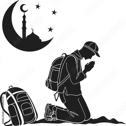 Silhouette logo of a muslim traveler praying