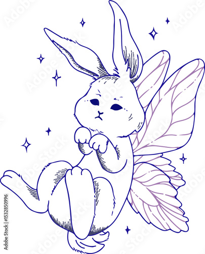 Blue line art rabbit fairy is flapping butterfly wings, sprinkling stars, transparent background