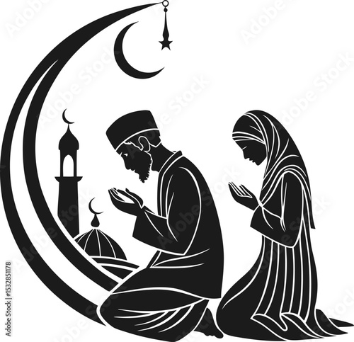 Silhouette logo of a muslim couple praying together