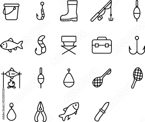 Fishing And Angling Icons Pack- Outline Gear, Fish And Outdoor Activity Vector Set.