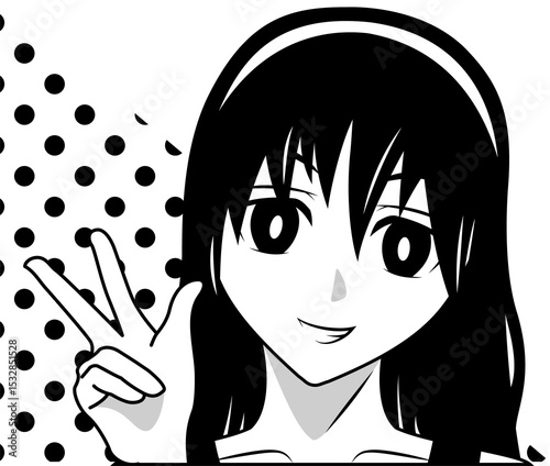 Manga-style girl is making peace sign wearing headband with dot pattern on transparent background