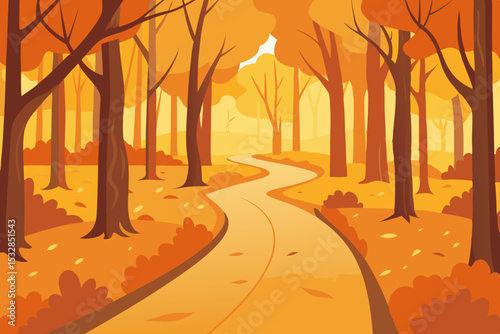 Autumn forest path winding through golden trees