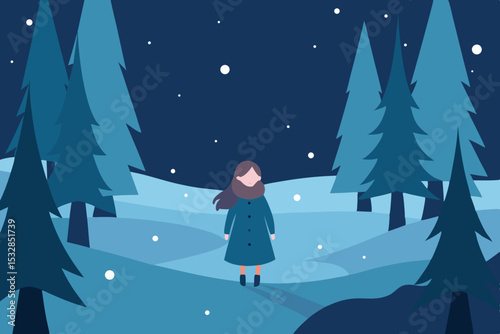 Girl in winter wonderland snowy forest scene