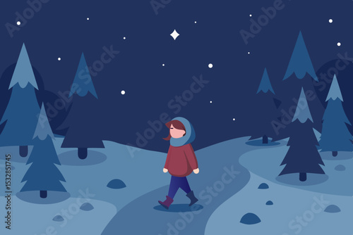 Girl walking alone in snowy winter night forest