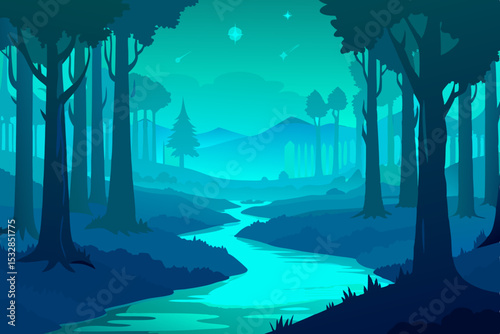 Enchanted forest river at night teal landscape