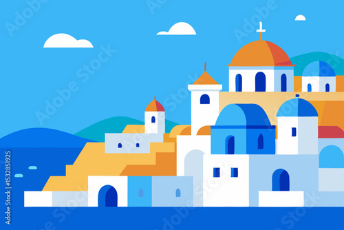Mediterranean coastal town illustration