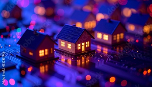 Miniature Houses On Electronic Circuit Board