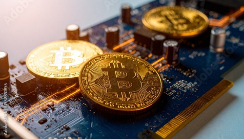 Golden Bitcoins On Electronic Circuit Board
