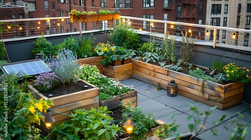 Lush rooftop garden with herbs, solar lights, and wooden planters. photo