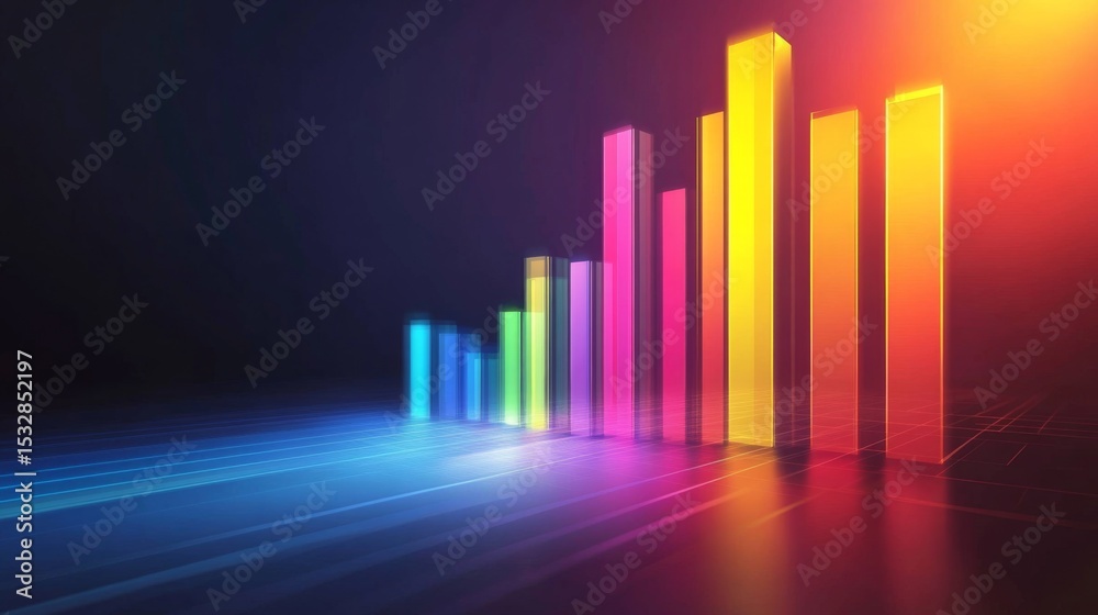 Fototapeta premium Perspective view of a D bar graph with bars gradually increasing in height, set against a dark background with subtle light effects