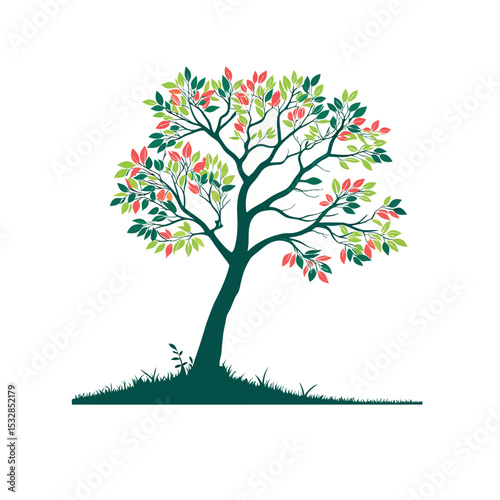 Colorful Tree with Green and Red Leaves – Nature Vector Illustration on White Background