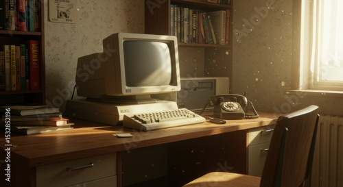 Retro computer desk, vintage office