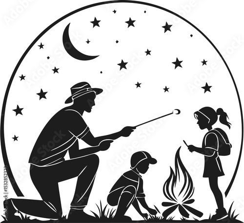 Silhouette camping scene with mars night sky tent mountains stars planets