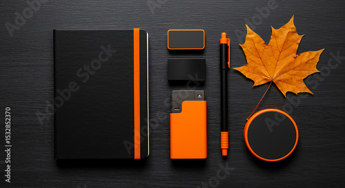 Autumn workspace still life featuring notebook pen and maple leaf on dark background, notebook, pen, maple leaf, autumn, fall, workspace, still life, black, orange, dark, flat lay, top view, stationer