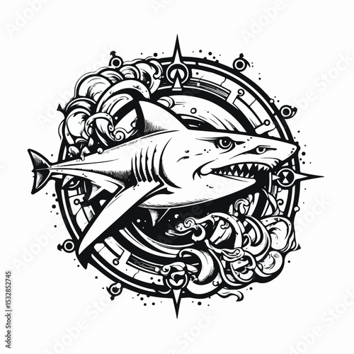 Creative Cartoon Shark Rudder Pirate Tattoo Design for Marine Nautical Themes