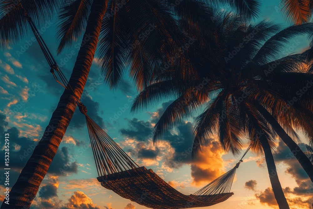 Fototapeta premium Relaxation under palm trees with a hammock against a colorful sunset sky, Palm Trees and Hammock Tranquility, seamless ing background