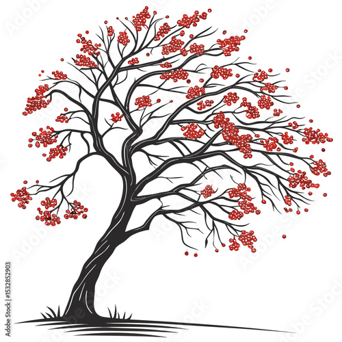 Stylized rowan tree with red berries in autumn