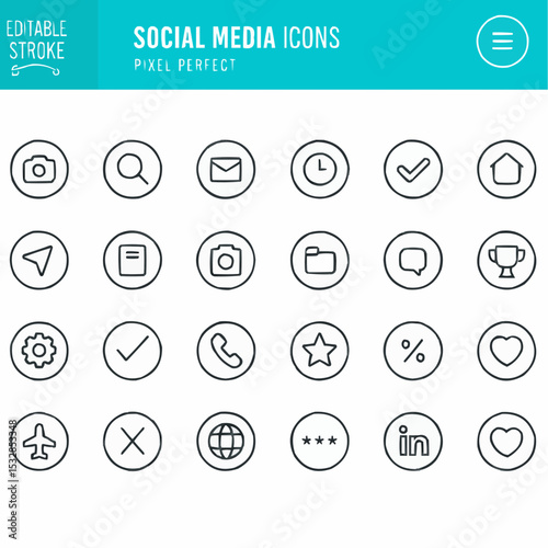 Social Media Icon Set Editable Stroke. Pixel Perfect. The set contains icons: Like Button, Thumb Up, Selfie, Photography, Speaker, Advertising, Online Messaging, Hashtag, Profile, Notification, Influe