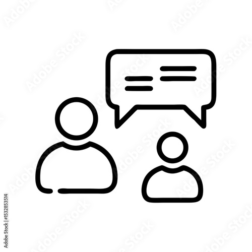 Two figures in conversation with a speech bubble above them showing lines of text, simple design of a chat