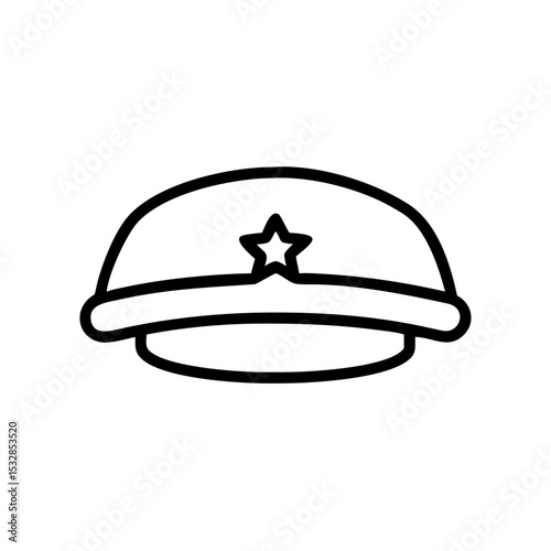 A simple graphic of a peaked cap with a star emblem in outline style on a white background here