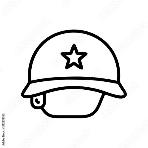 A simple graphic of a military style helmet with a star on the front in a line drawing style