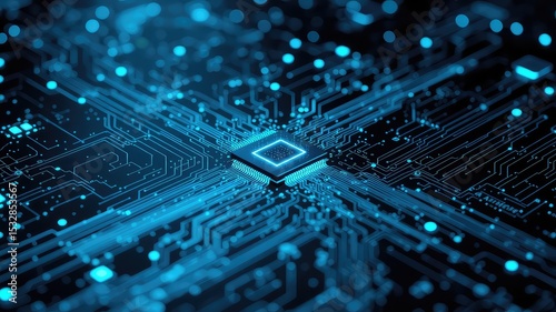 Illuminated intricate circuit board design creating a network for processing information and data flow in a modern technological landscape