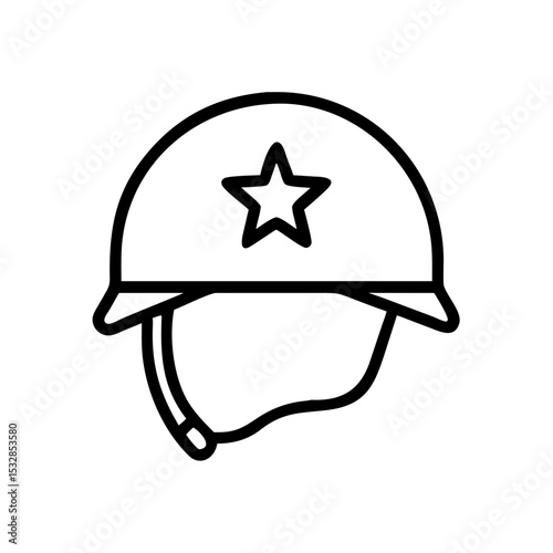 Outlined graphic of a combat helmet with a star emblem on the front side of the headgear item