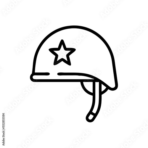 A single outline drawing of a military helmet with a star on it and a chinstrap shown clearly