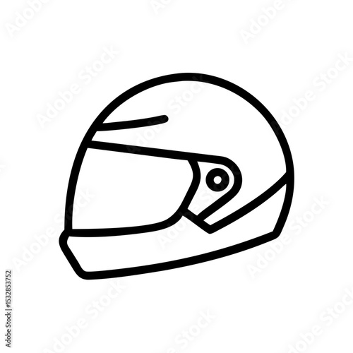 A simple graphic of a motorcycle helmet with a visor shown in a minimalist outline style design element