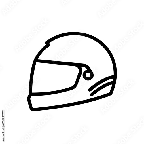 Outline drawing of a racing helmet with visor and stripes on the side offering protection gear