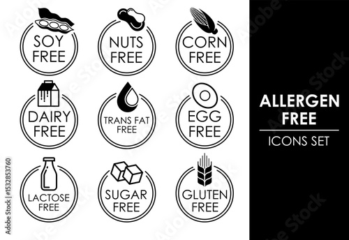 Allergen free icon set. Allergen free products symbols. Lactose, gluten, sugar, corn, egg, trans fat, soy, nuts, dairy free sign