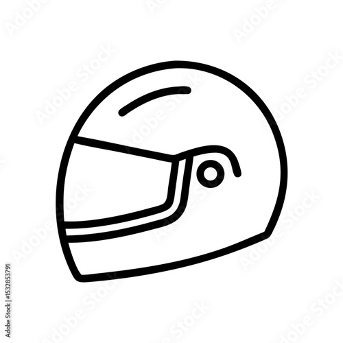 Outline drawing of a protective headgear with a visor and a small round detail on the side of it
