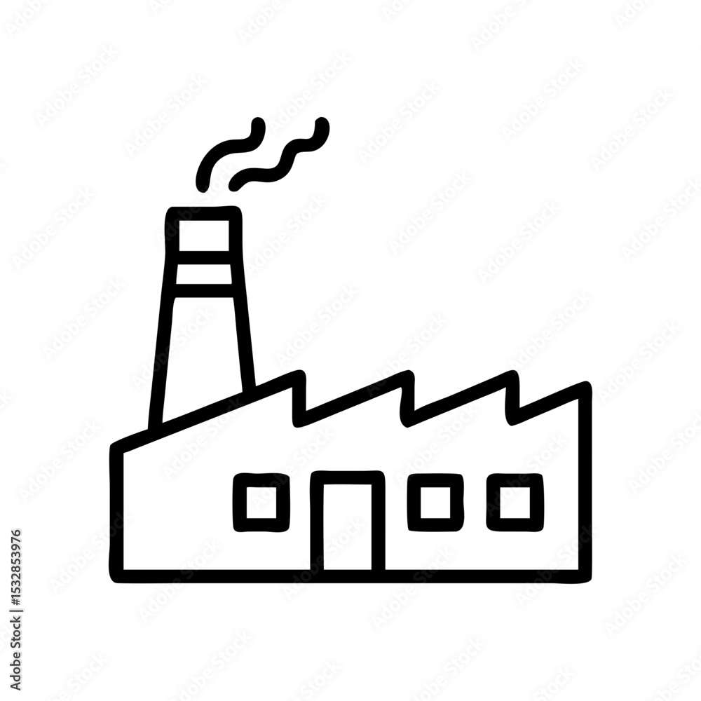 Simple graphic showing a factory with smoking chimney and windows in a minimalist style design format