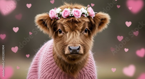 Adorable Highland calf wearing a pink sweater and flower crown