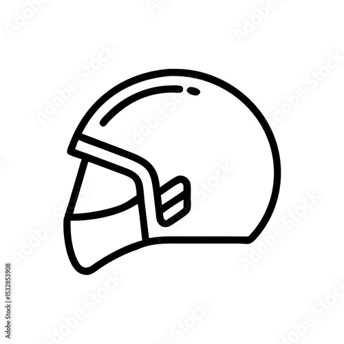 Outline drawing of a protective headgear with a visor and a smooth rounded shell design shown in profile