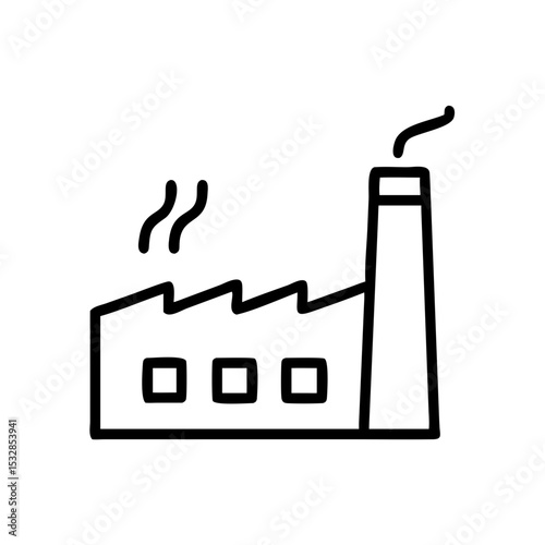 Outline drawing of a building with a smokestack and smoke rising from it on white background design