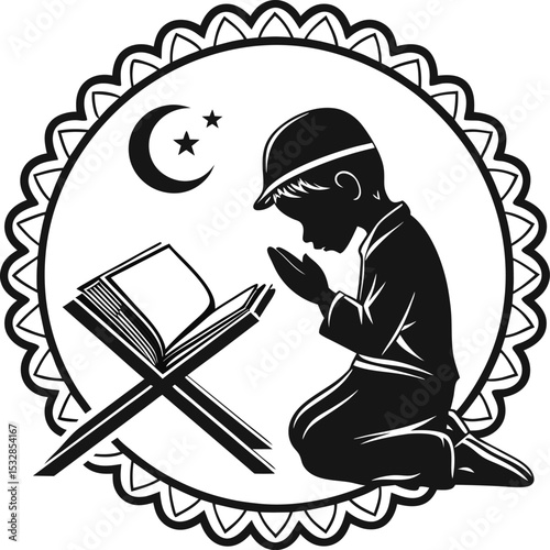 Child praying beside quran stand a logo design featuring a young child in prayer next to a quran stand