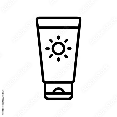 Outline drawing of a tube with a sun symbol on it for sun protection and skincare product use during summer
