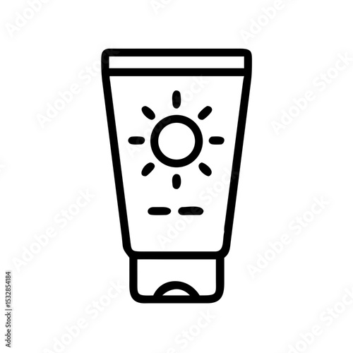 Outline drawing of a tube with a sun icon and two dashes on it for protection from the sun rays