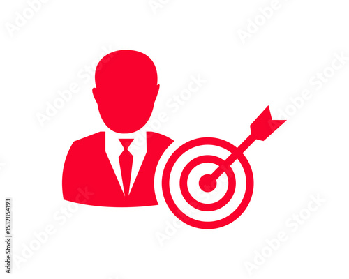 Red icon of a business person with a target and arrow. Symbolizes customer targeting, marketing goals, career objectives, and achieving success.