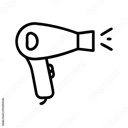 Stylized outline of a handheld appliance used for drying and styling hair with radiating lines 100 char