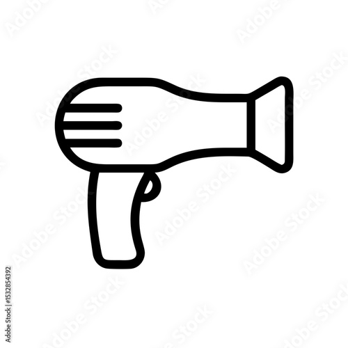 Depiction of a hair styling appliance with a handle and nozzle shown in simple outline style drawing here