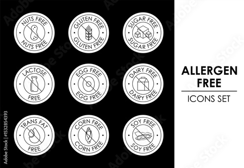 Allergen free icon set. Allergen free products symbols. Lactose, gluten, sugar, corn, egg, trans fat, soy, nuts, dairy free sign
