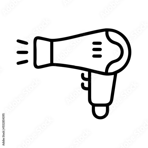 Outline graphic showing a hair dryer with a handle and nozzle emitting air, isolated on white background