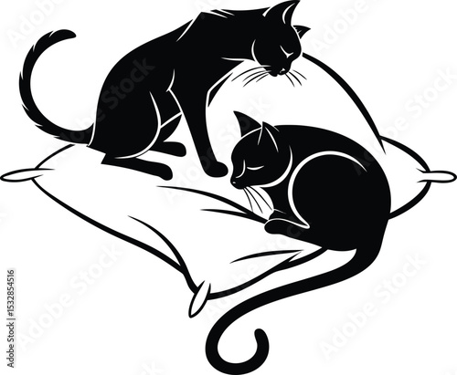 Adorable Silhouette Logo Design of Two Cats Sleeping Together – Perfect for Pet Brands, Cat Cafés, Animal Rescue Centers, Cozy Apparel, and Feline-Themed Products