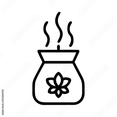 Aromatherapy diffuser emits steam with a flower design on the container in a simple black outline style